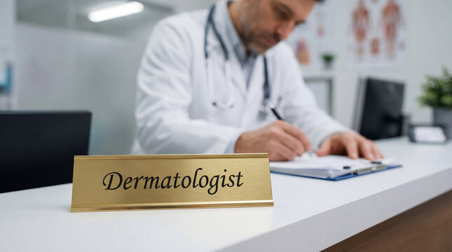 Close up of a dermatologist sign with doctor blurred in background writing notes in clinic office.