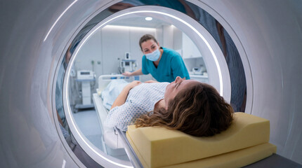 Patient undergoing MRI scan inside medical imaging machine with nurse assisting in hospital radiology room.