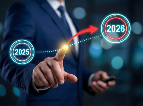 Businessman touching virtual interface showing transition from 2025 to 2026 with digital arrow and futuristic graphics.