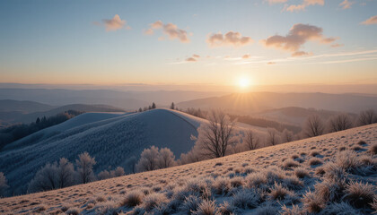 Winter landscape with hills and sunrise in the horizon