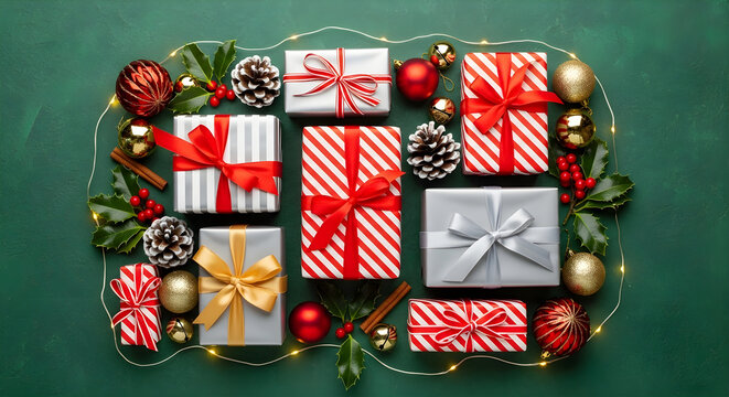 Festive christmas gifts and decorations arranged on a dark green surface overhead view