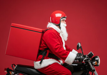 Santa Claus on Motorcycle Delivering Gifts with Festive Flair against Red Backdrop - Perfect Holiday Season Marketing and Advertising Material