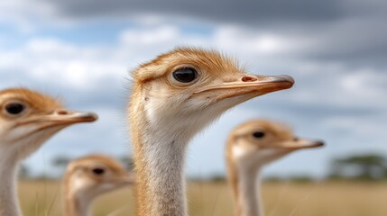 A gathering of ostriches is spotted in a bright enclosure, framed by lush trees and distant mountains under blue skies