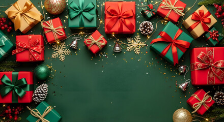 Festive christmas gifts and decorations on a green background creating a holiday scene