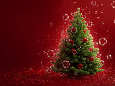 Realistic green Christmas tree spinning with red bubbles on a sparkling background, 3D graphic Christmas tree with red ornaments spinning on festive backdrop.