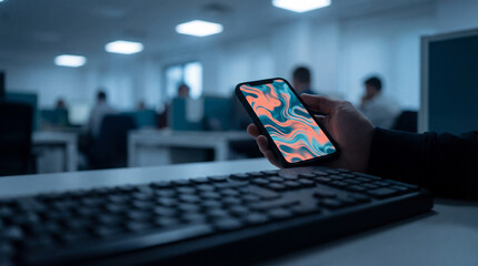 Person holding smartphone with abstract wallpaper in an office, perfect for business articles.