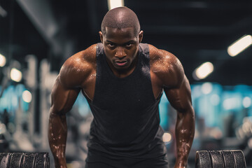 Muscular man lifting weights in modern gym during workout session