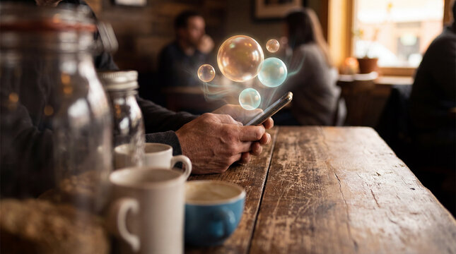 Close-up of hands using smartphone in a cozy café with colorful bubbles, ideal for lifestyle content.