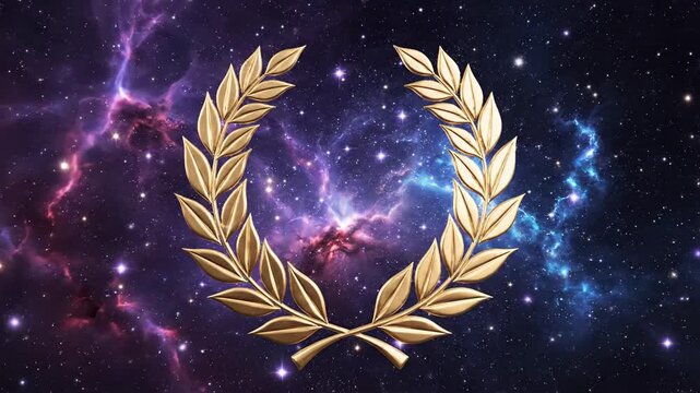 Golden laurel wreath against nebula background symbolic abstract visual