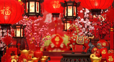 A festive chinese new year display with lanterns, horse figurine, and gold ingots on red