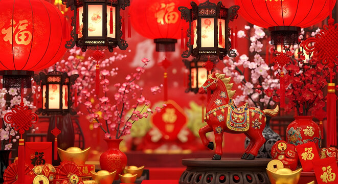 A festive chinese new year display with lanterns, horse figurine, and gold ingots on red