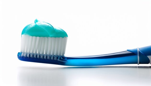 close up of toothbrush with toothpaste on white background