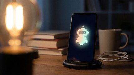 Smartphone with glowing robot icon on desk with books and warm light, ideal for tech enthusiasts.