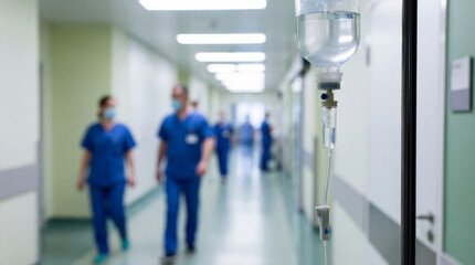 Modern hospital hallway with IV drip in foreground and blurred medical staff walking in the background.