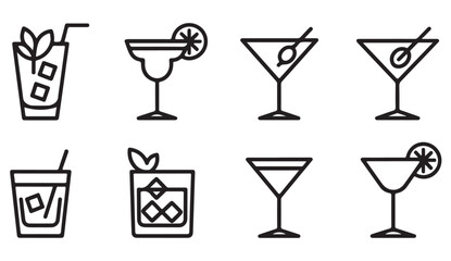 Minimalist thin line alcoholic drink symbols showing refreshing summer beverages and party mood
