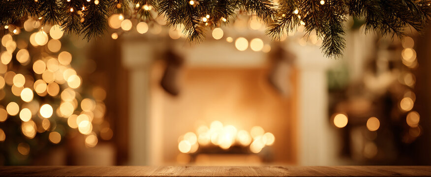 Warm Christmas living room with golden bokeh and fireplace glow, cozy holiday banner with copy space