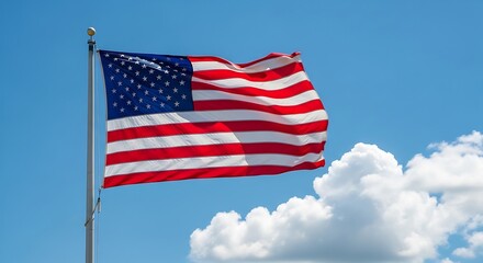 Naklejka premium American Flag Waving Proudly Against a Blue Sky with Clouds.