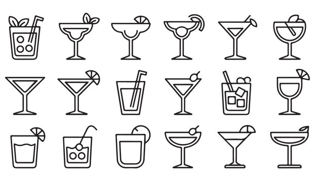 Line icons of cocktails and alcoholic beverages with lemon slices and ice for party and bar concepts - Powered by Adobe