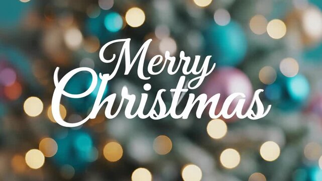 Merry Christmas lettering appearing in elegant script. Festive text animation with bokeh lights and ornaments on blurred tree. Holiday greeting graphic for seasonal cards and invitations.