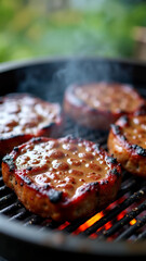 Glazed pork chops grilling on barbecue with with an appetizing crispy crust and flames. Juicy meat steaks with caramelized surface creates mouthwatering outdoor cooking scene