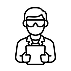 Fine line lab technician icon with safety gear and clipboard, ideal for experimental supervision, laboratory team visuals and research documentation tools