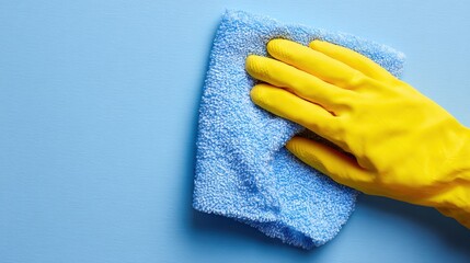 Hand wearing protective glove wipes a light blue surface with a soft cloth