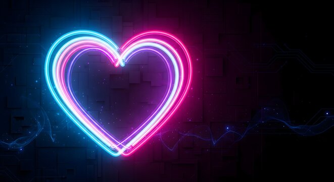 "Vibrant Retro-Futuristic Background with a Glowing Neon Heart Outline in Pink and Cyan Blue Against a Dark, Textured Cyberpunk Grid Wall"