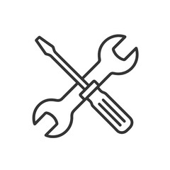 Fine line repair tools icon with wrench and screwdriver, ideal for maintenance visuals, labor services and construction support graphics