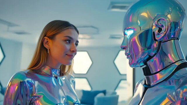 Futuristic woman and humanoid robot sharing eye contact in neon light
