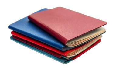 Stack of assorted colored passports providing a visually appealing and practical travel arrangement isolated on transparent background PNG