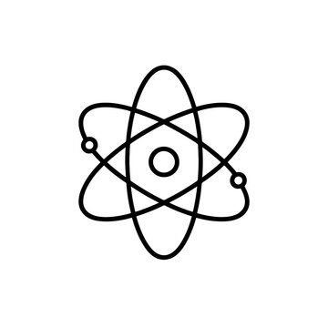Fine line atom icon in minimalist black outline, symbolizing science education and STEM learning, ideal for school subject visuals and academic platform design