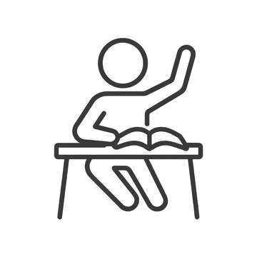 Fine line student participation icon, showing learner raising hand at desk with book, ideal for classroom visuals, academic engagement and educational platform resources