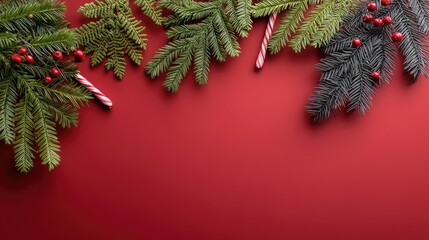 Decorative sprigs of greenery and candy canes enhance a vibrant red backdrop, bringing warmth and cheer for the holiday season