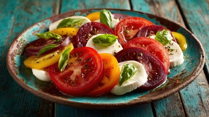 Colorful sliced heirloom tomatoes and fresh mozzarella cheese are arranged on a rustic plate with basil leaves
