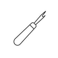 Fine line seam ripper icon, minimalist black outline showing tool for removing stitches, ideal for tailoring correction, garment repair and sewing toolkit visuals
