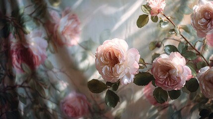 Softly lit blush pink roses bloom gently behind a sheer floral fabric