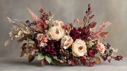 Elegant autumnal floral arrangement featuring roses astilbe and dried elements on a neutral background