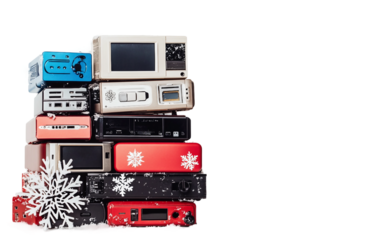 Stack of electronic gadgets arranged together with festive holiday decorations creating a modern seasonal theme isolated on transparent background PNG