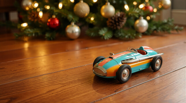 Spielzeugauto Retro-Rennwagen vor Weihnachtsbaum mit Lichtern auf Holzboden