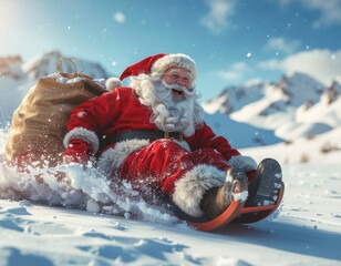 Santa Claus sliding down the hill on a sled with a bag of presents