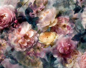 Ethereal vintage floral arrangement with soft hues of pink yellow and green