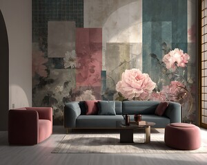 Elegant living room featuring a large floral mural and modern furniture in a chic interior design