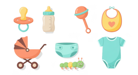 Collection of whimsical cartoon icons featuring nature and outdoor adventure elements isolated on transparent background