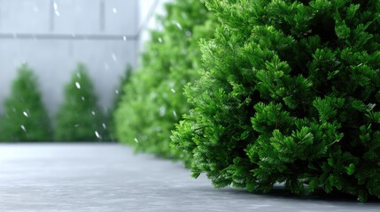 A festive Christmas tree stands elegantly by a window, adorned with shiny gold and red ornaments while snow falls softly outside