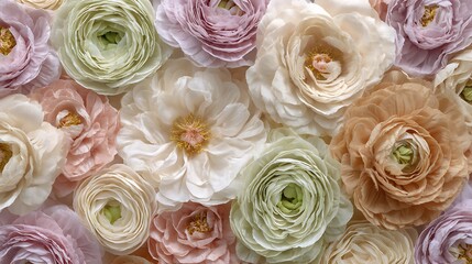 A close up view of delicate pastel ranunculus flowers in full bloom