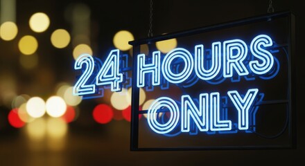 Vibrant blue neon sign advertising 24 hours only