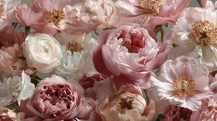 Close up view of delicate pink and white peony flowers with ruffled petals and golden centers