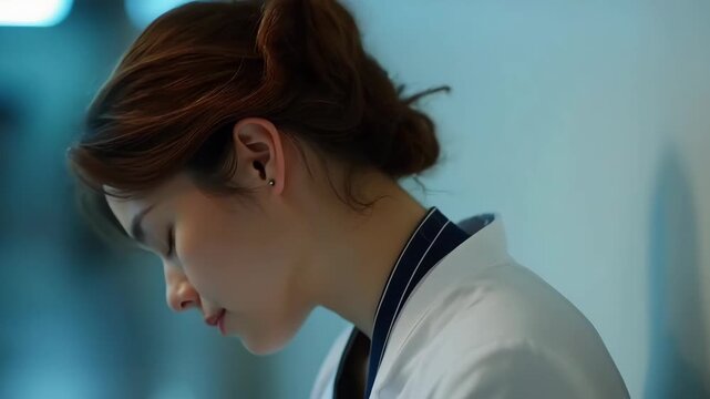 A serene moment of a healthcare worker taking a break, embodying the balance of care and self-reflection. 
