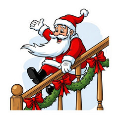 Cartoon Santa Claus on Stairs with Christmas Decoration - Festive Illustration for Holiday Season, Xmas Card Design, Cheerful, Jolly, Festive Spirit