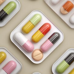 Colorful capsule shaped pill cases and round tablets arranged on white trays